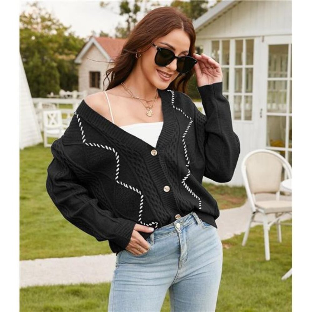 NEW Cable Knit Cardigan Women Chunky Sweater Cardigans Contrast Color - Picture 2 of 6